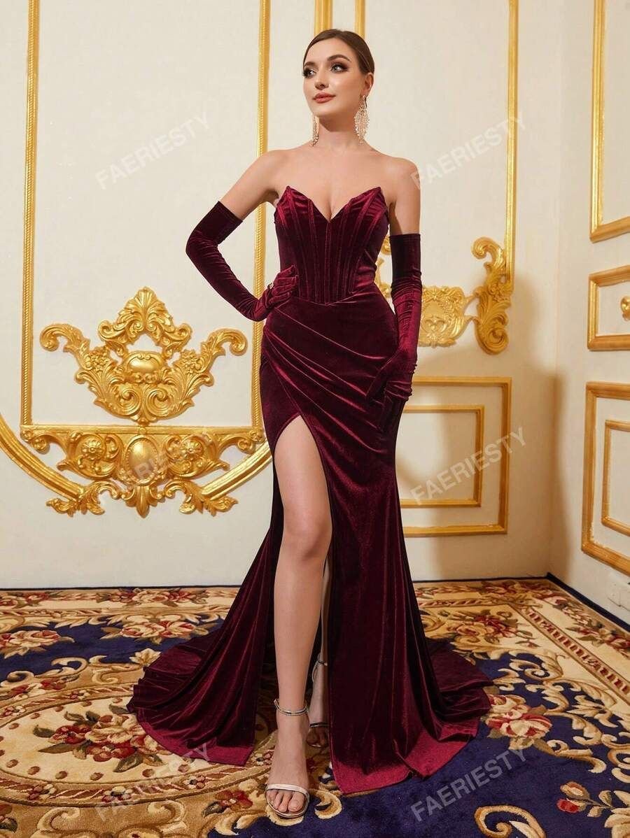 Strapless fishtail velvet gown